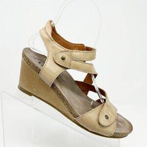 Taos Women's Brown Beige Leather Slingback Wedge Sandals Size 6-6.5 (EU 37)